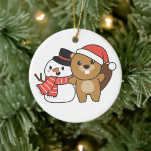 Beaver With Snowman In Winter At Christmas Ceramic Tree Decoration
