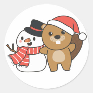 Beaver With Snowman In Winter At Christmas Classic Round Sticker