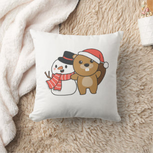 Beaver With Snowman In Winter At Christmas Cushion