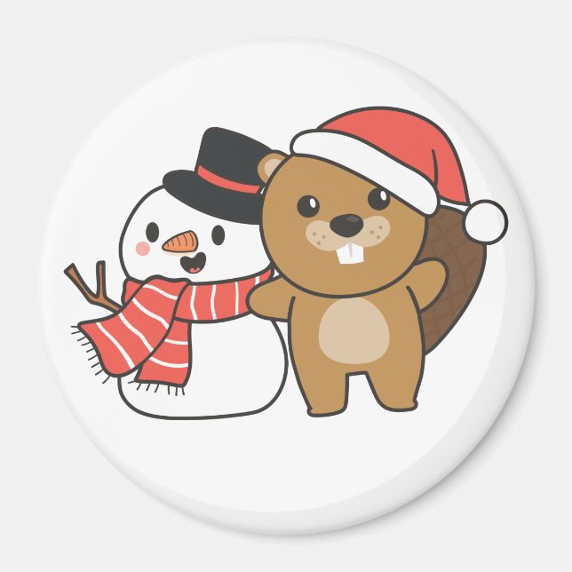Beaver With Snowman In Winter At Christmas Magnet (Front)