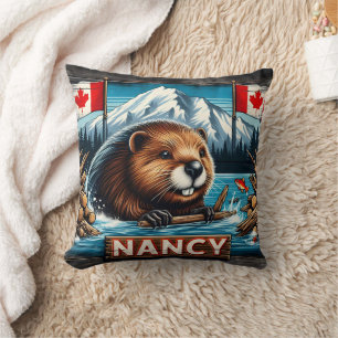 Beaver With Stick by Canadian Flags Cushion