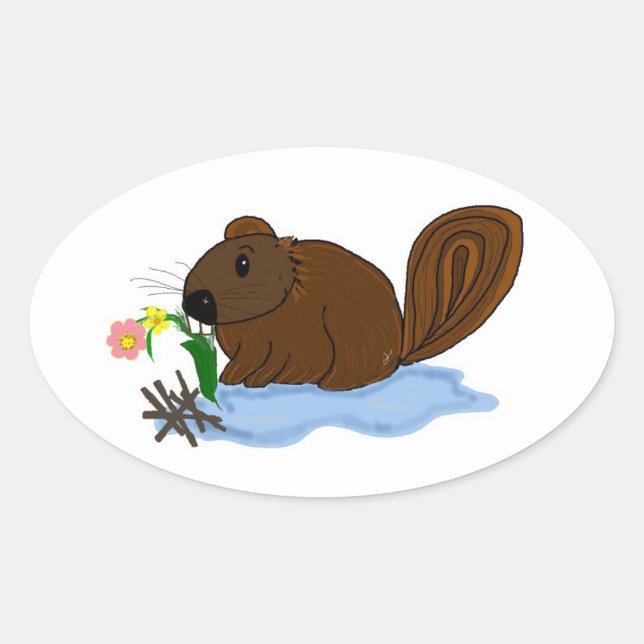 Beaver with Sticks and Flowers Oval Sticker (Front)