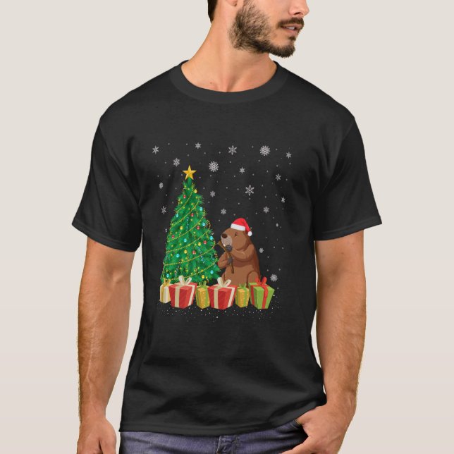 Beaver Xmas Tree Lighting Santa Hat Beaver Christm T-Shirt (Front)
