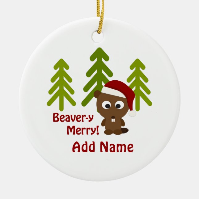 Beaver-y Merry! Christmas Beaver Ceramic Tree Decoration (Front)