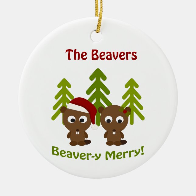 Beaver-y Merry! Christmas Beavers Ceramic Tree Decoration (Front)