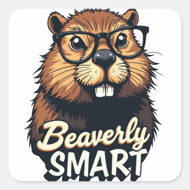 Beaverly Smart – Funny Beaver with Glasses Graphic Square Sticker (Front)