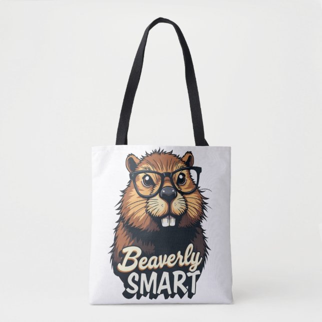Beaverly Smart – Funny Beaver with Glasses Graphic Tote Bag (Front)