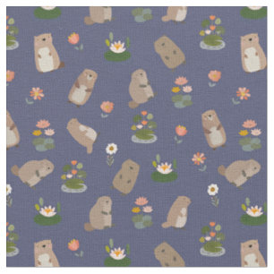 Beavers & Lily Pads on Dark Blue Fabric