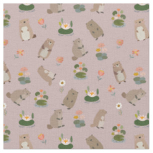 Beavers & Lily Pads on Light Gray-Pink Fabric