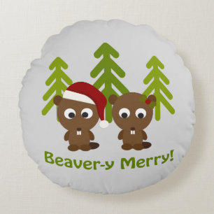 Beavery Merry Christmas Beavers Round Cushion
