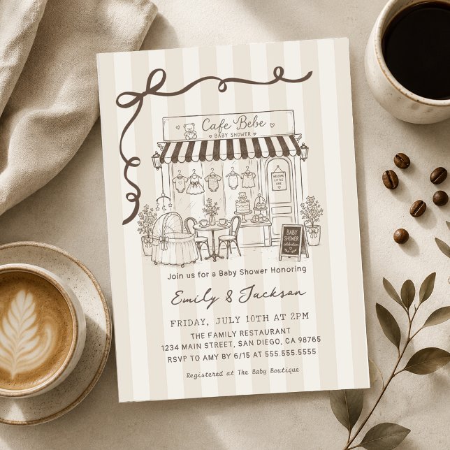 Bebe Cafe Parisian Theme Bow Coffee Baby Shower Invitation (Creator Uploaded)