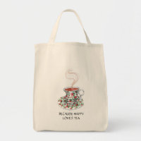 Because happy loves tea slogan, vintage cup roses