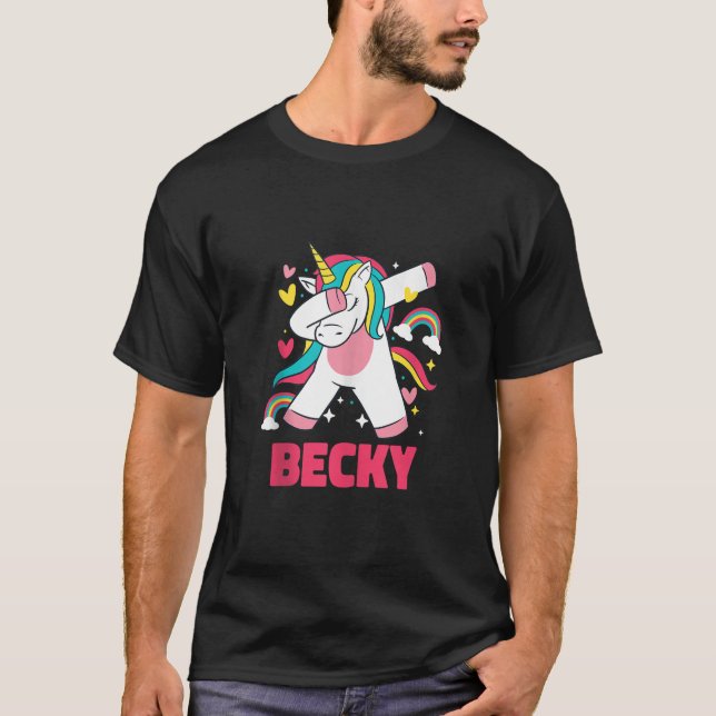 Becky Girl Name Dabbing Unicorn Rainbow Custom Bir T-Shirt (Front)
