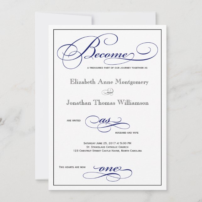 Become as One Blue Script Wedding Invitation (Front)
