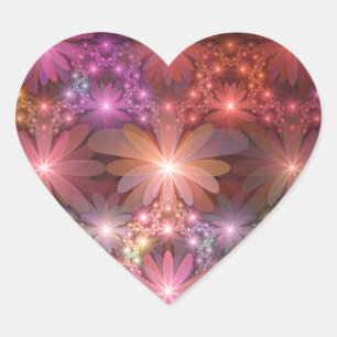 Bed Of Flowers Colourful Shiny Abstract Fractal Ar Heart Sticker