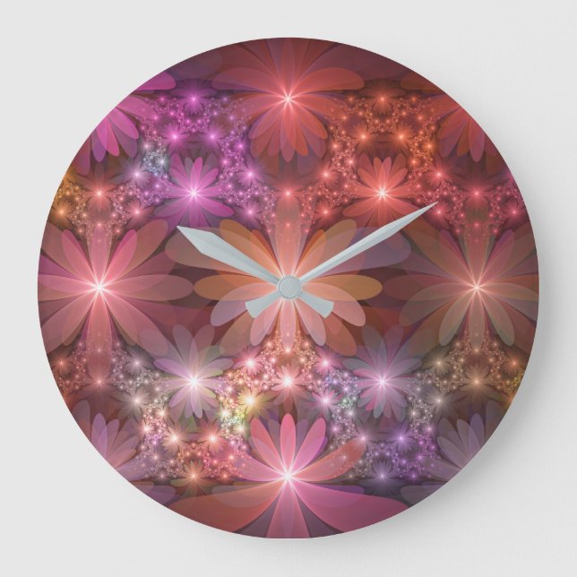 Bed Of Flowers Colourful Shiny Abstract Fractal Ar Large Clock (Front)