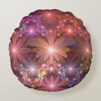 Bed Of Flowers Colourful Shiny Abstract Fractal Ar Round Cushion