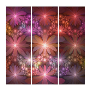 Bed Of Flowers Colourful Shiny Abstract Fractal Ar Triptych