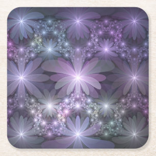 Bed of Flowers Trendy Shiny Abstract Fractal Art Square Paper Coaster