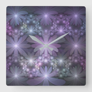 Bed of Flowers Trendy Shiny Abstract Fractal Art Square Wall Clock