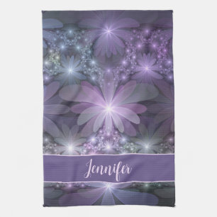 Bed of Flowers Trendy Shiny Abstract Fractal Name Tea Towel