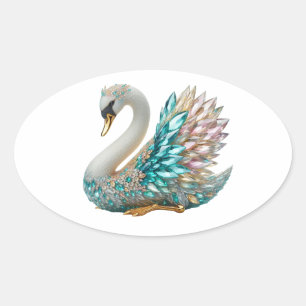 Bedazzled Diamond Swan Gold Crystal Bling Oval Sticker