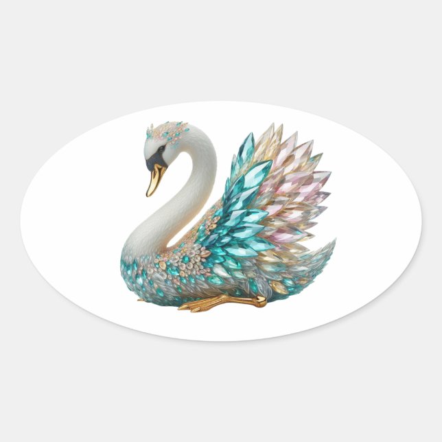 Bedazzled Diamond Swan Gold Crystal Bling Oval Sticker (Front)