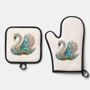 Bedazzled Diamond Swan Gold Crystal Bling Oven Mitt & Pot Holder Set