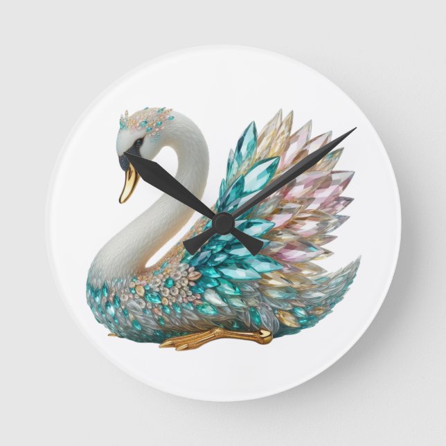 Bedazzled Diamond Swan Gold Crystal Bling Round Clock (Front)
