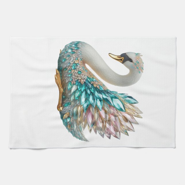 Bedazzled Diamond Swan Gold Crystal Bling Tea Towel (Horizontal)