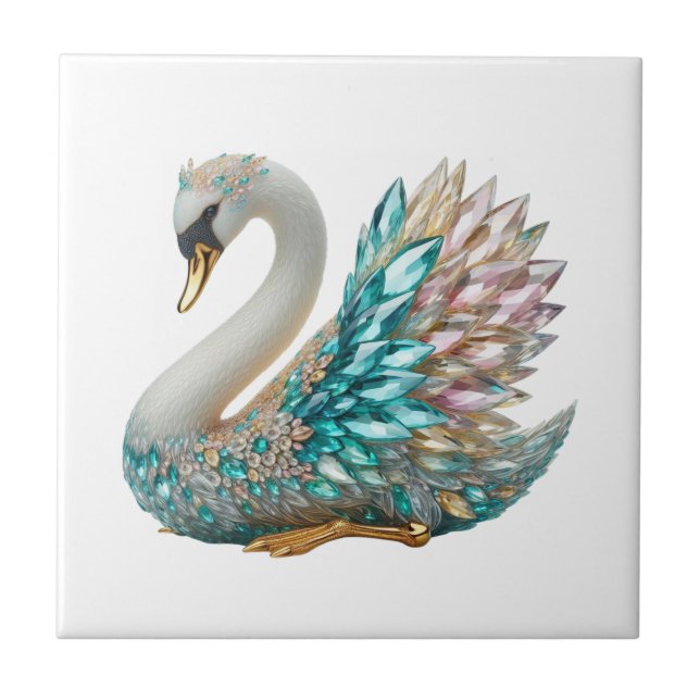 Bedazzled Diamond Swan Gold Crystal Bling Tile (Front)