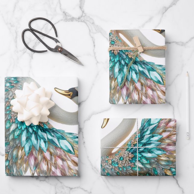 Bedazzled Diamond Swan Gold Crystal Bling Wrapping Paper Sheet (Front)