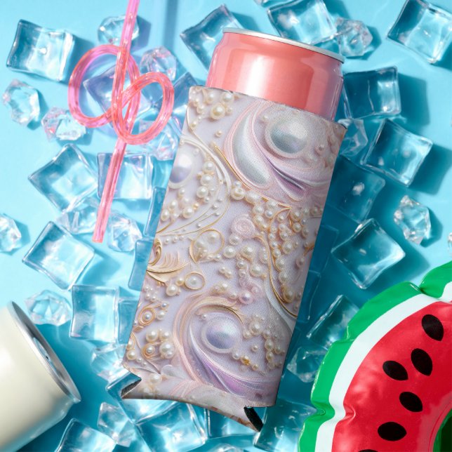 Bedazzling white pearls and gold background seltzer can cooler (In Situ Summer)
