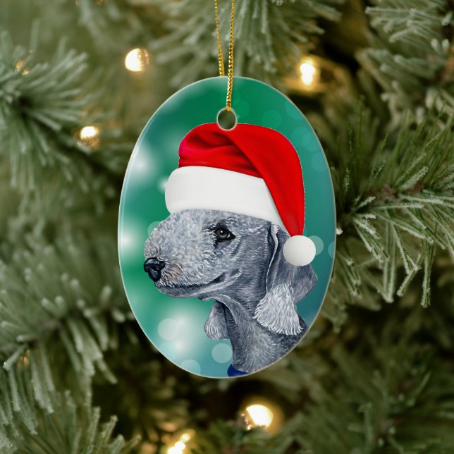 Bedlington Terrier Dog Red Santa Hat Christmas Ceramic Tree Decoration (Tree)