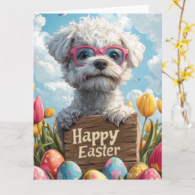 Bedlington Terrier Easter Eggs Card (Yellow Flower)