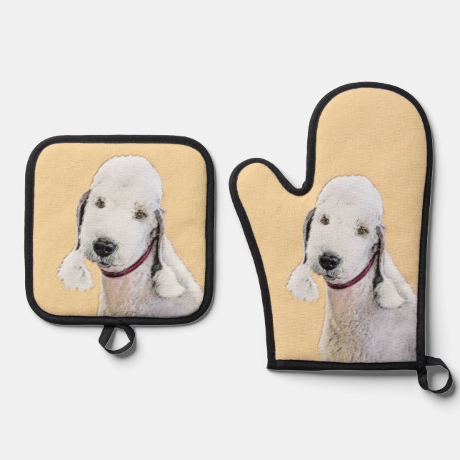 Bedlington Terrier Painting Sandy Colour Dog Art Oven Mitt & Pot Holder Set (Front)