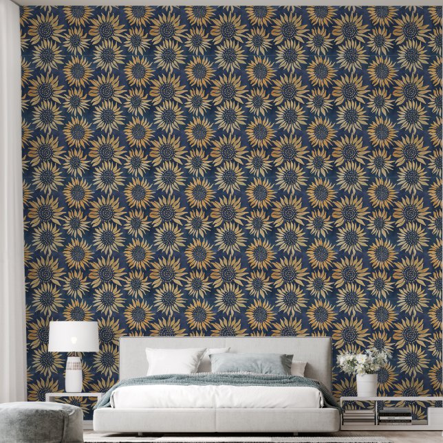Bedroom Sunflowers in Gold and Navy Wallpaper (Bedroom)