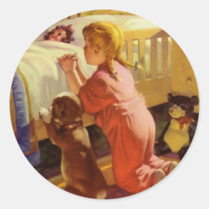 Bedtime Prayers, Girl with Puppy, Vintage Religion Classic Round Sticker