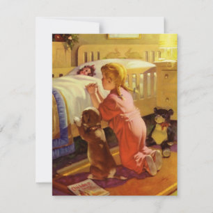 Bedtime Prayers, Girl with Puppy, Vintage Religion Invitation