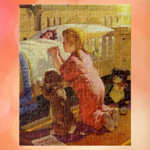 Bedtime Prayers, Girl with Puppy, Vintage Religion Jigsaw Puzzle