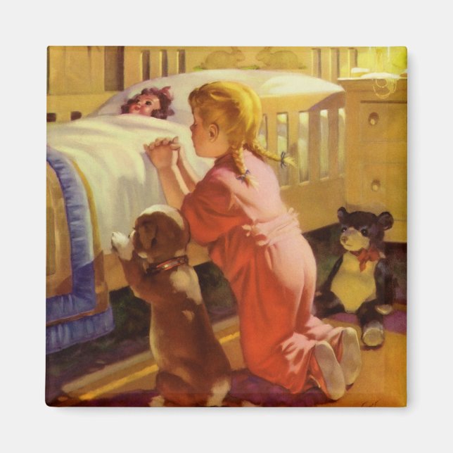 Bedtime Prayers, Girl with Puppy, Vintage Religion Magnet (Front)