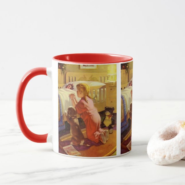 Bedtime Prayers, Girl with Puppy, Vintage Religion Mug (With Donut)