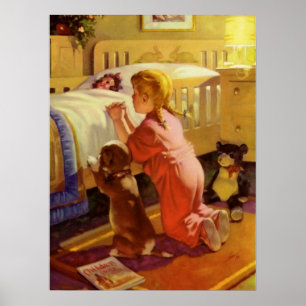 Bedtime Prayers, Girl with Puppy, Vintage Religion Poster