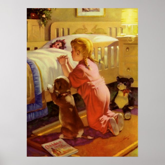 Bedtime Prayers, Girl with Puppy, Vintage Religion Poster (Front)