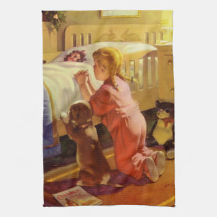 Bedtime Prayers, Girl with Puppy, Vintage Religion Tea Towel