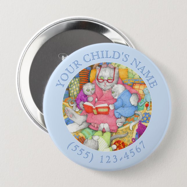 BEDTIME STORY Child ID Button - Blue (Front & Back)