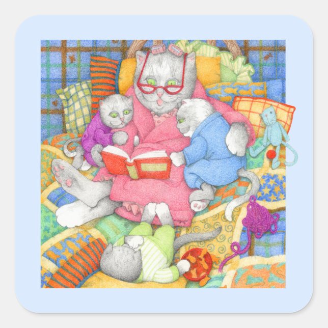 BEDTIME STORY Small Square Stickers - Blue (Front)