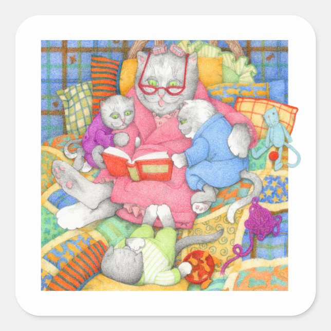 BEDTIME STORY Small Square Stickers - White (Front)