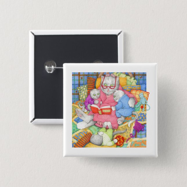 BEDTIME STORY Square Button Pin - White (Front & Back)