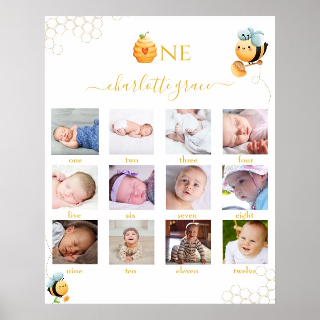 Bee 1st Birthday 12 months Photo Collage White  Poster (Front)